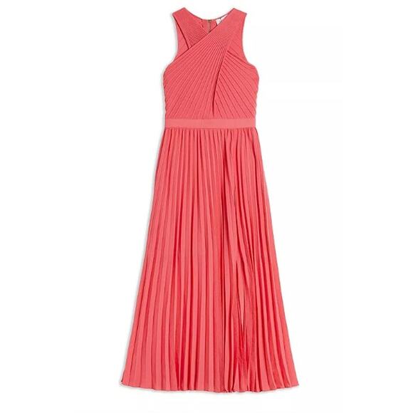 Ted Baker Loueli Cross Front Pleated Midi Dress Coral Size 3 US 10-12 - Picture 4 of 16